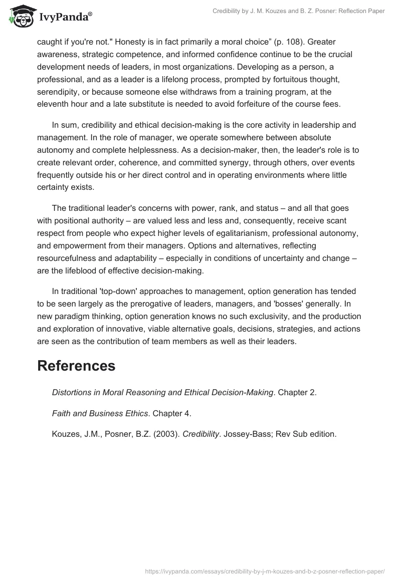 "Credibility" by J. M. Kouzes and B. Z. Posner: Reflection Paper. Page 4