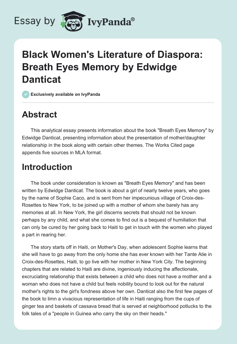 Black Women's Literature of Diaspora: "Breath Eyes Memory" by Edwidge Danticat. Page 1