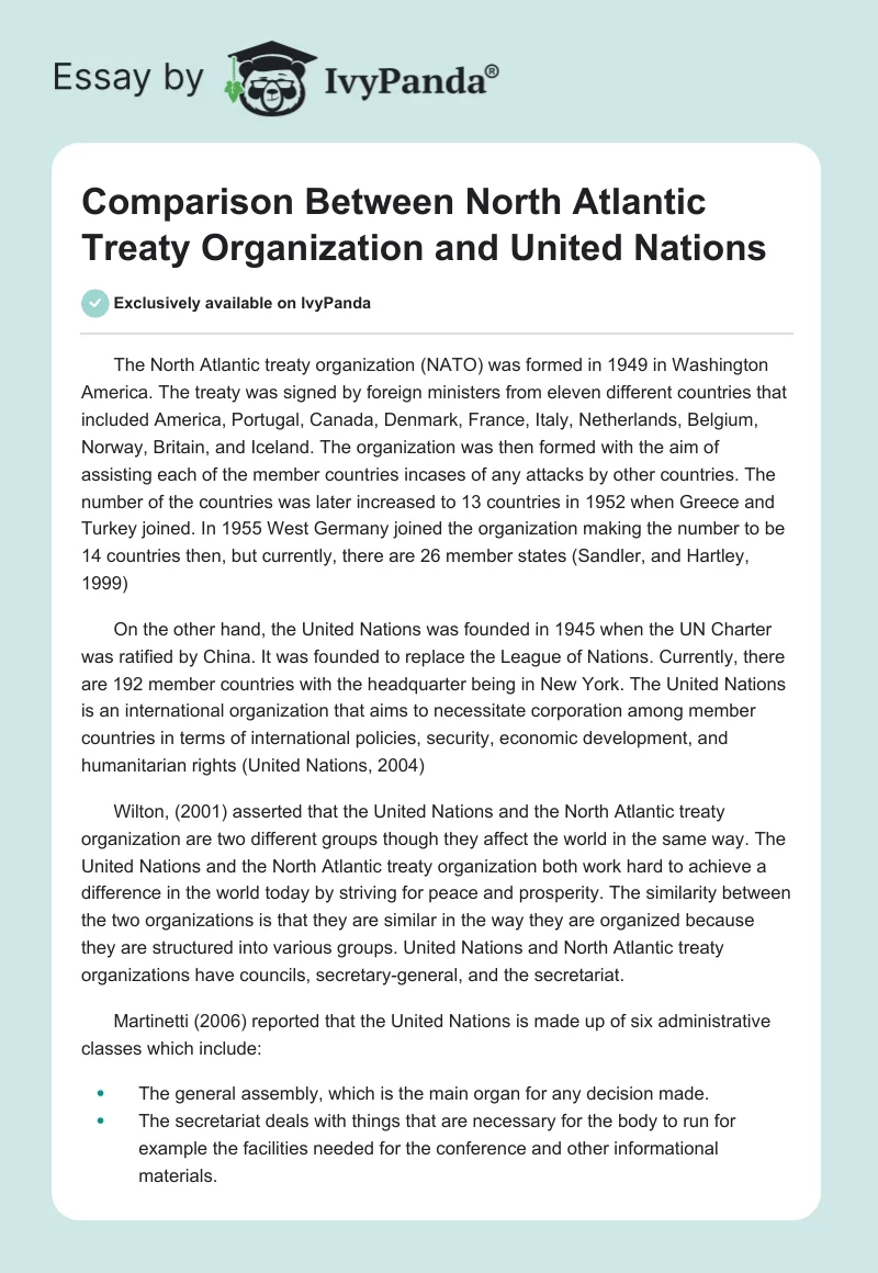 Comparison Between North Atlantic Treaty Organization and United Nations. Page 1