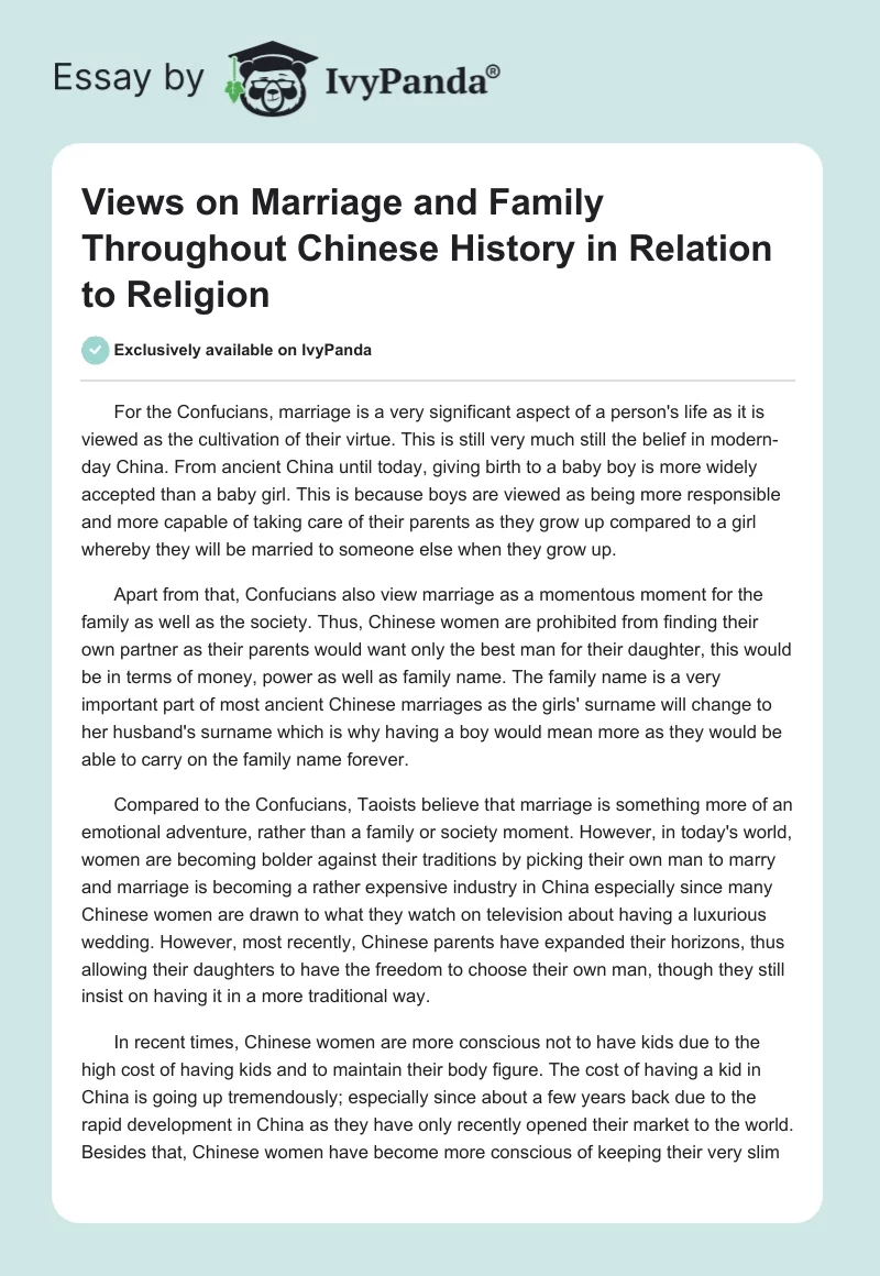 Views on Marriage and Family Throughout Chinese History in Relation to Religion. Page 1