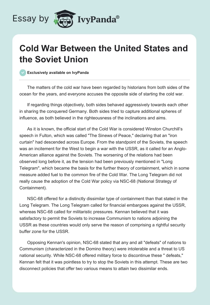 Cold War Between the United States and the Soviet Union. Page 1