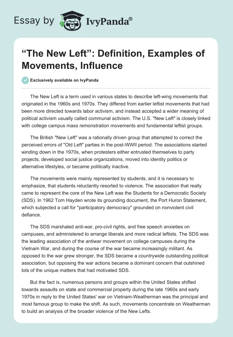 “The New Left”: Definition, Examples of Movements, Influence. Page 1