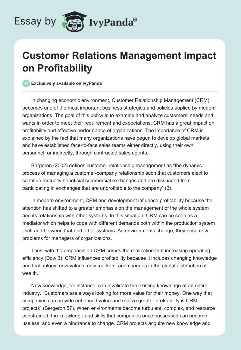 Customer Relations Management Impact on Profitability. Page 1