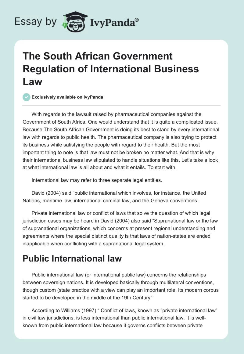 The South African Government Regulation of International Business Law. Page 1