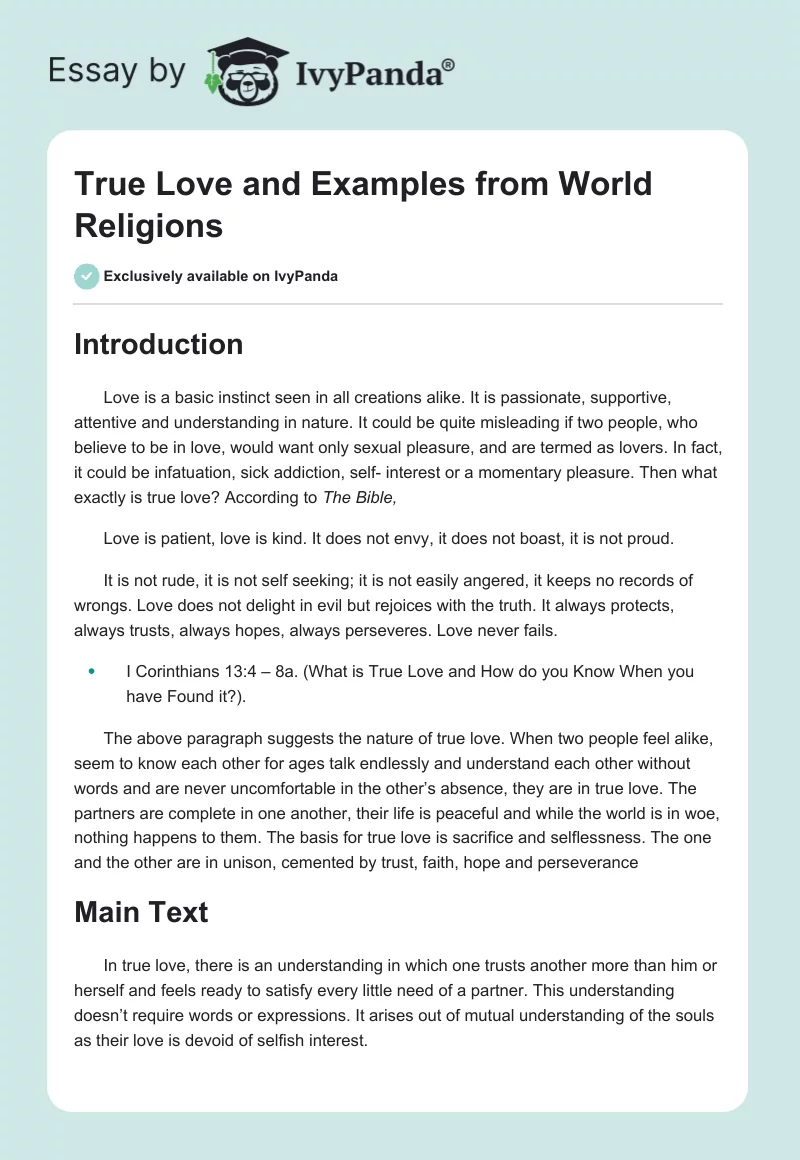 True Love and Examples from World Religions. Page 1