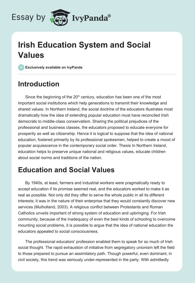 Irish Education System and Social Values. Page 1