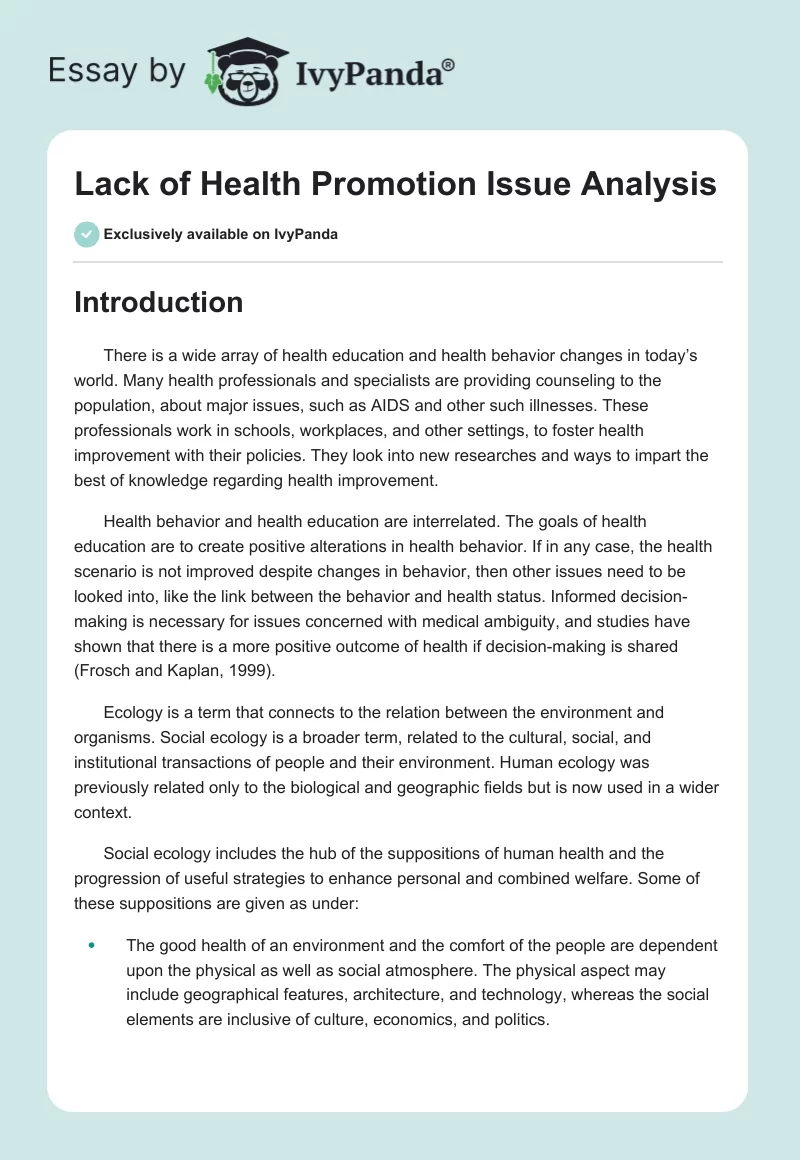 Lack of Health Promotion Issue Analysis. Page 1