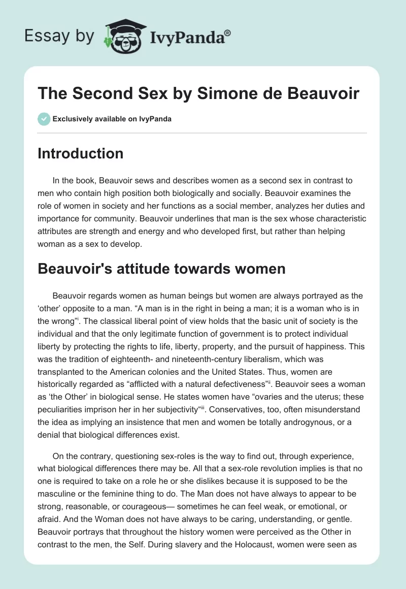 "The Second Sex" by Simone de Beauvoir. Page 1
