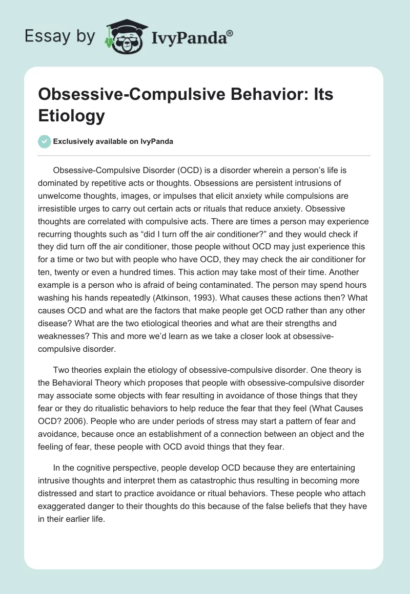 Obsessive-Compulsive Behavior: Its Etiology. Page 1