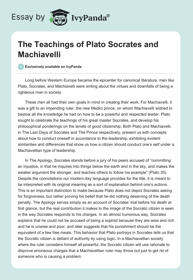 The Teachings of Plato Socrates and Machiavelli. Page 1