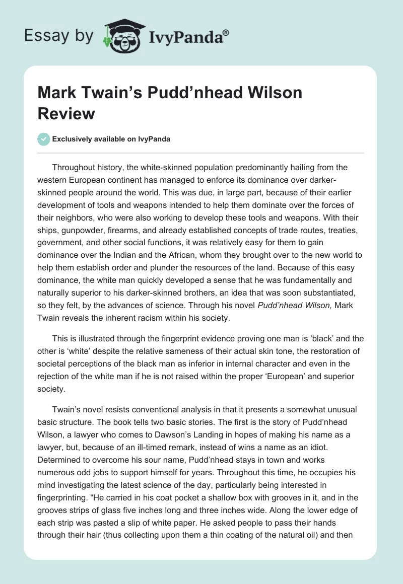 Mark Twain’s Pudd’nhead Wilson Review. Page 1