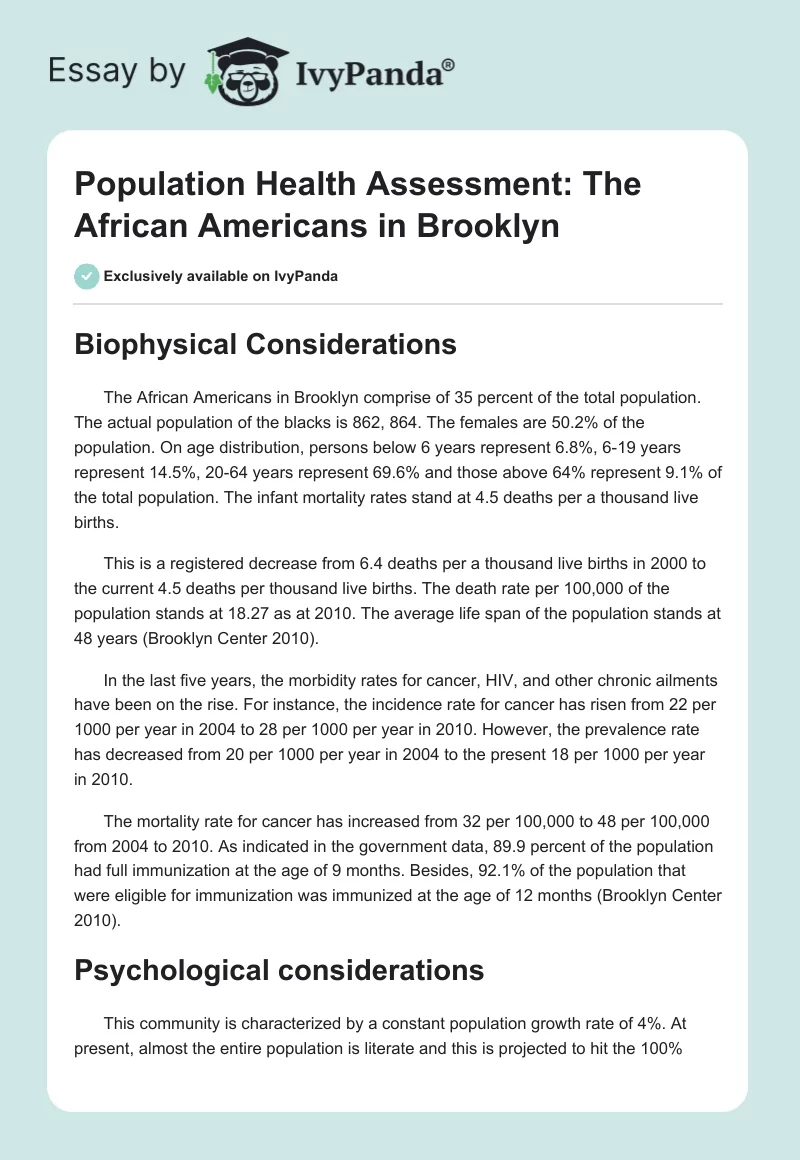 Population Health Assessment: The African Americans in Brooklyn. Page 1