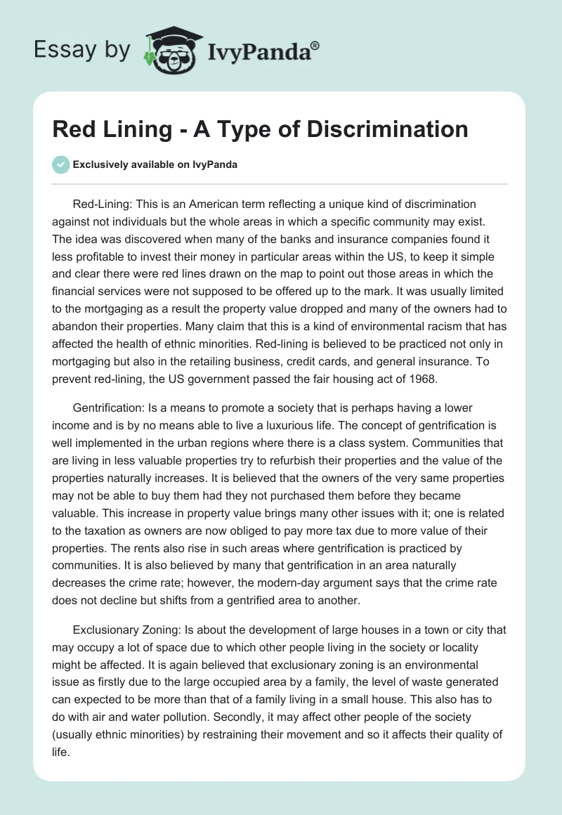 "Red Lining" - A Type of Discrimination. Page 1
