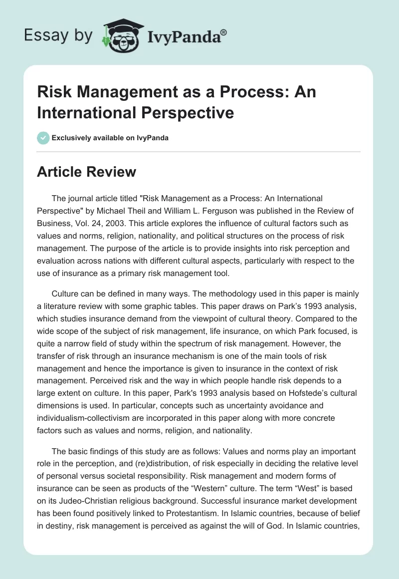 Risk Management as a Process: An International Perspective. Page 1