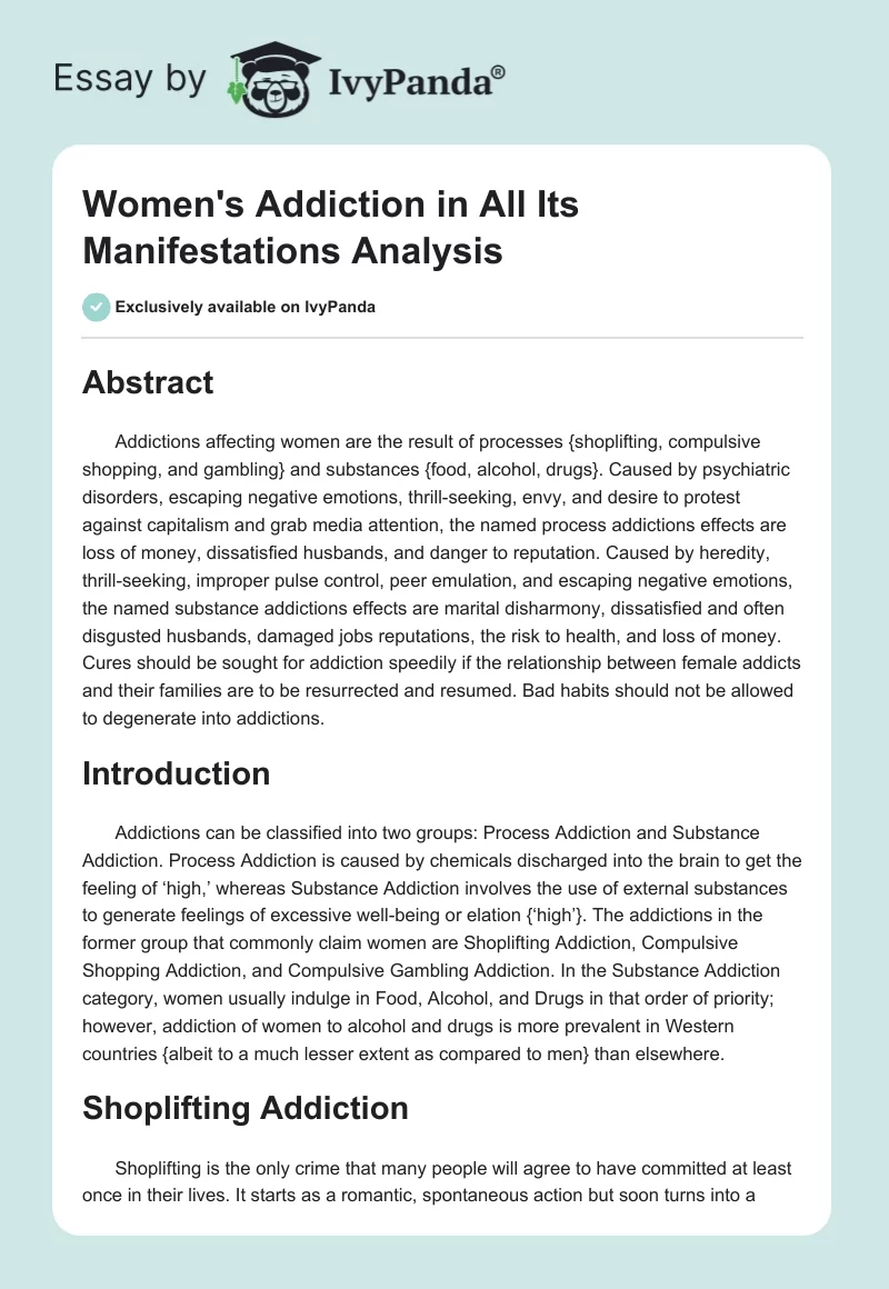 Women's Addiction in All Its Manifestations Analysis. Page 1