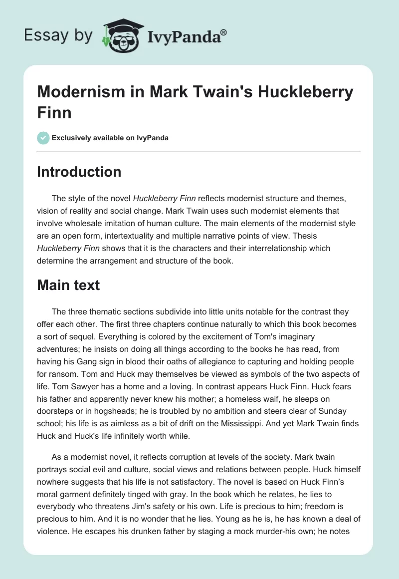 Modernism in Mark Twain's Huckleberry Finn. Page 1