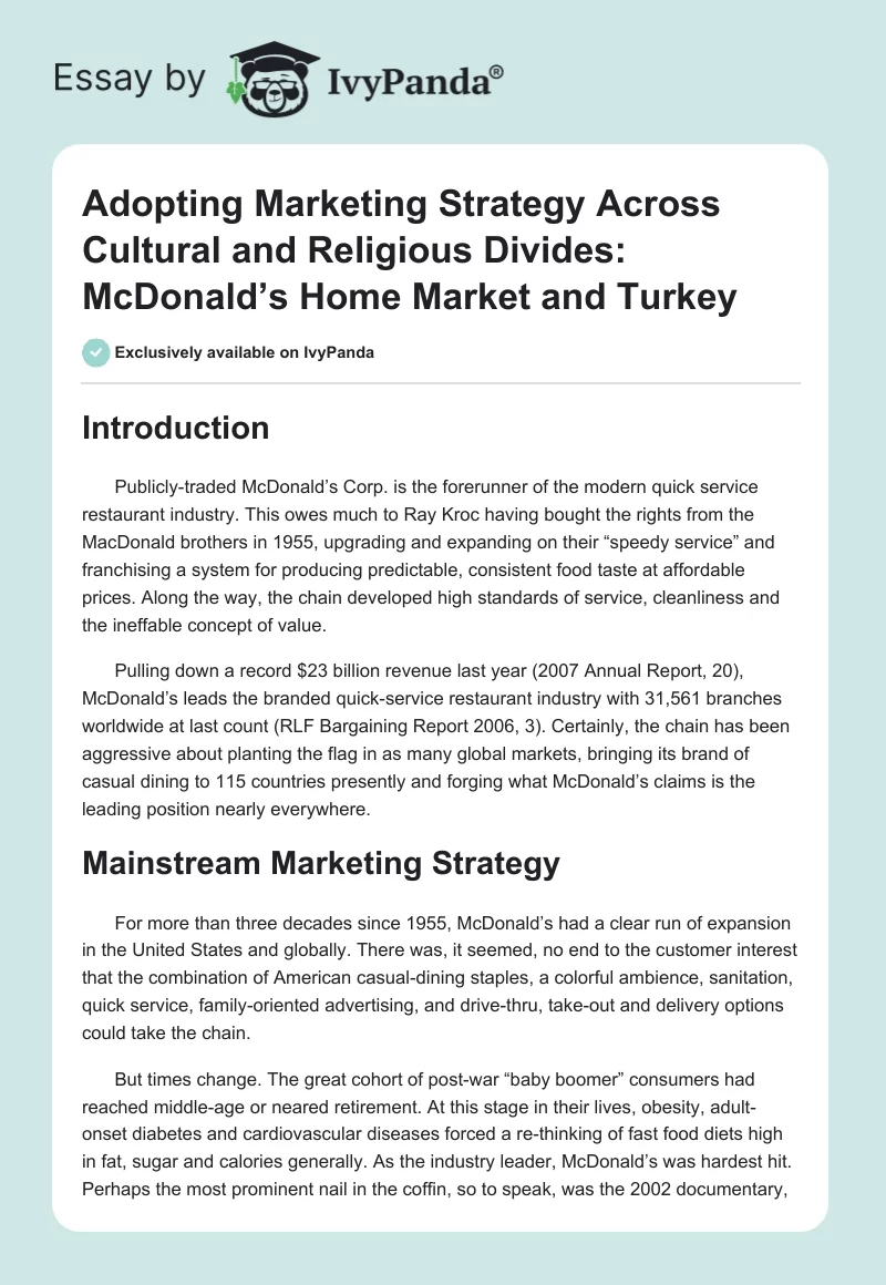 Adopting Marketing Strategy Across Cultural and Religious Divides: McDonald’s Home Market and Turkey. Page 1