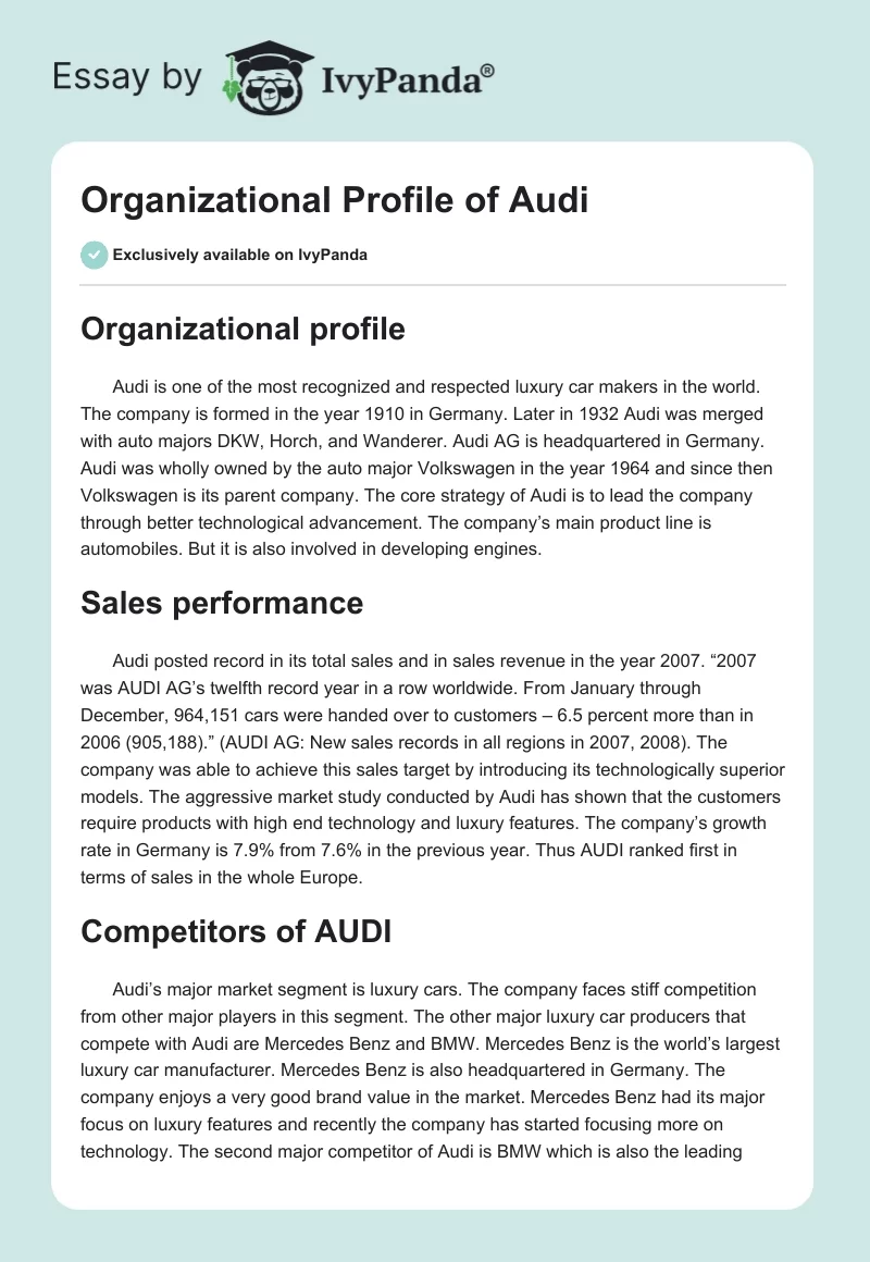 Organizational Profile of Audi. Page 1