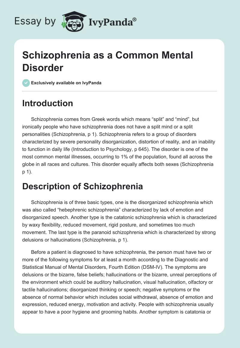 Schizophrenia as a Common Mental Disorder. Page 1