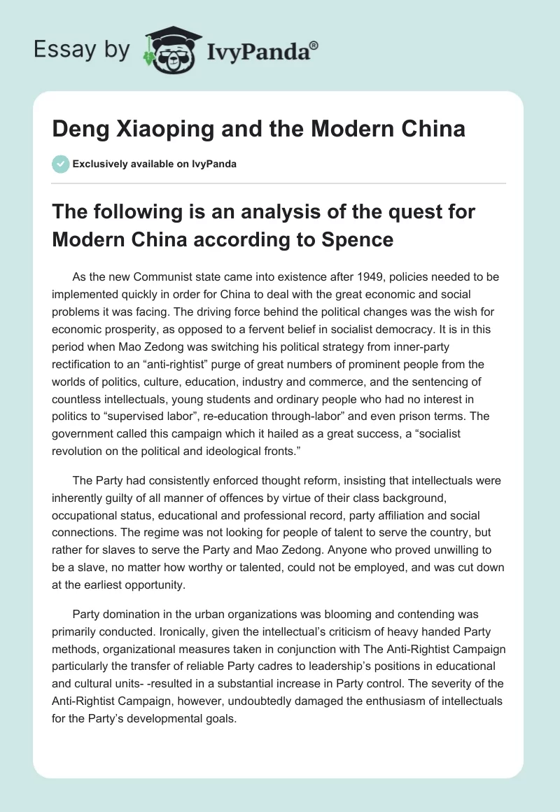 Deng Xiaoping and the Modern China. Page 1