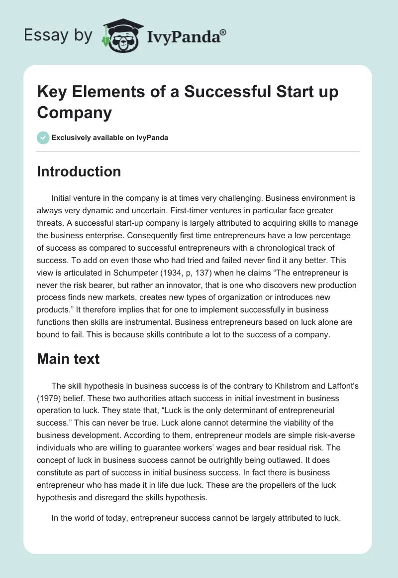 Key Elements of a Successful Start up Company. Page 1