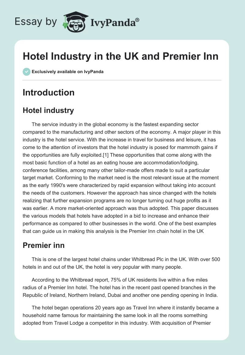 Hotel Industry in the UK and Premier Inn. Page 1