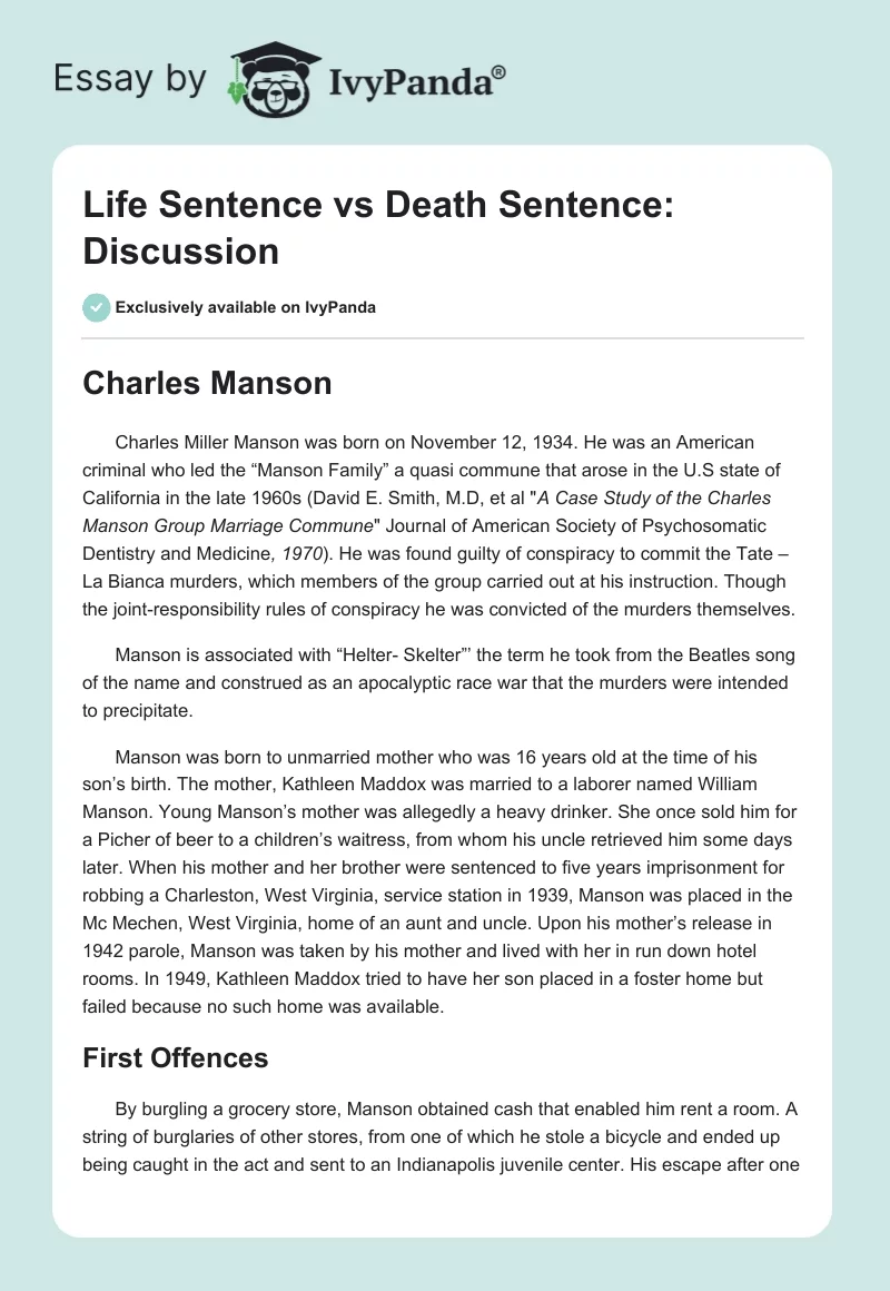 Life Sentence vs. Death Sentence: Discussion. Page 1