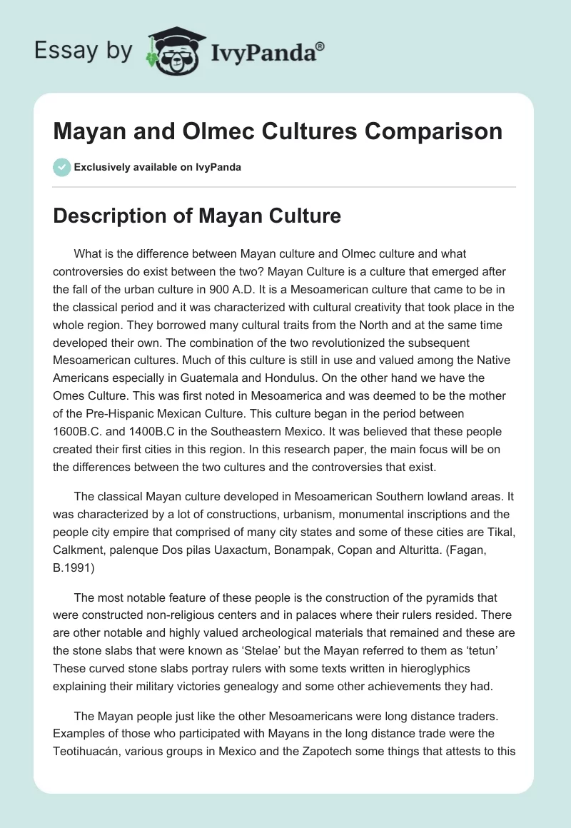 Mayan and Olmec Cultures Comparison. Page 1
