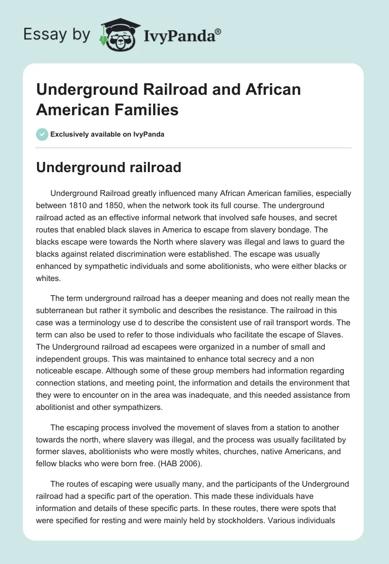 Underground Railroad and African American Families. Page 1