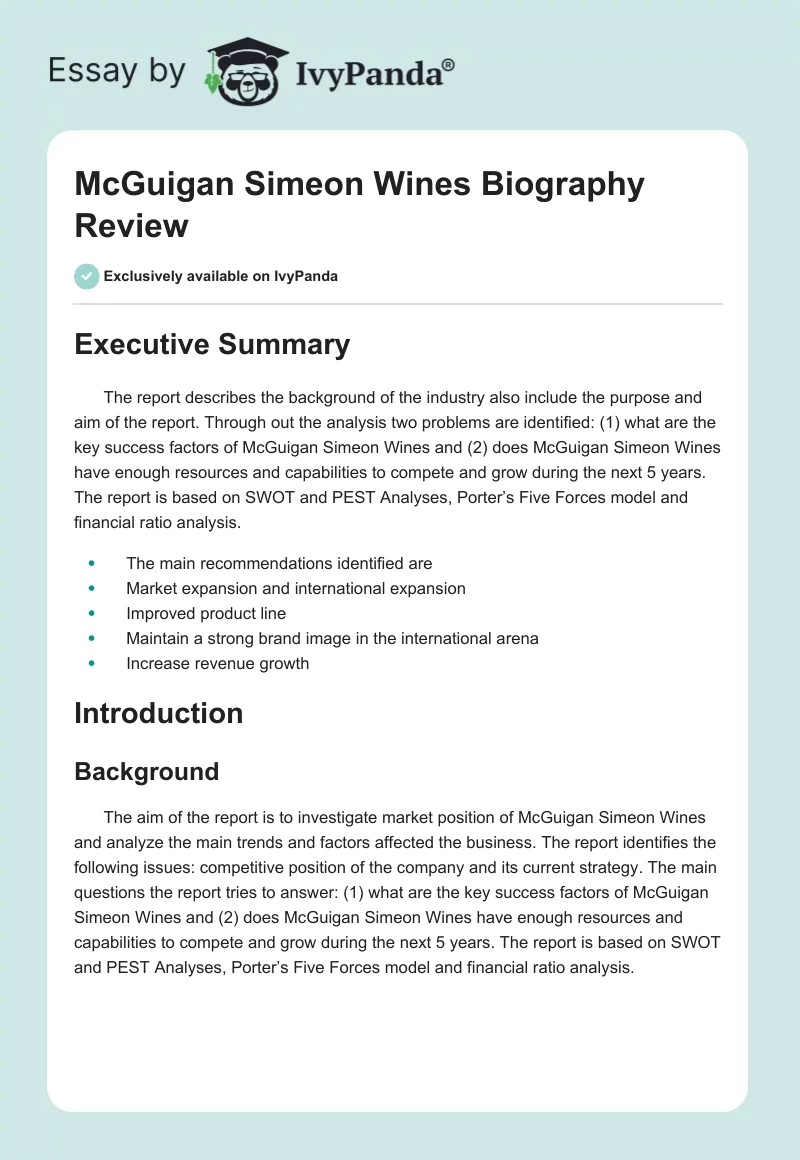 McGuigan Simeon Wines Biography Review. Page 1
