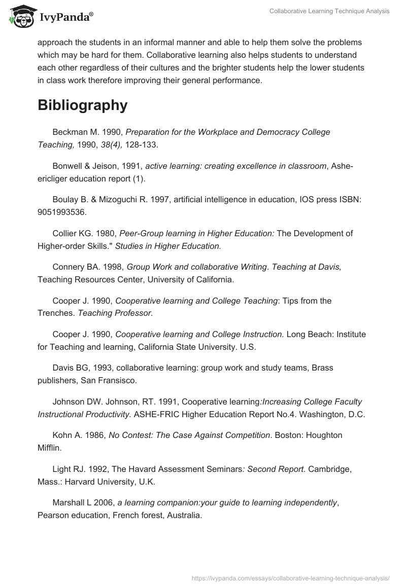 Collaborative Learning Technique Analysis - 1692 Words | Essay Example