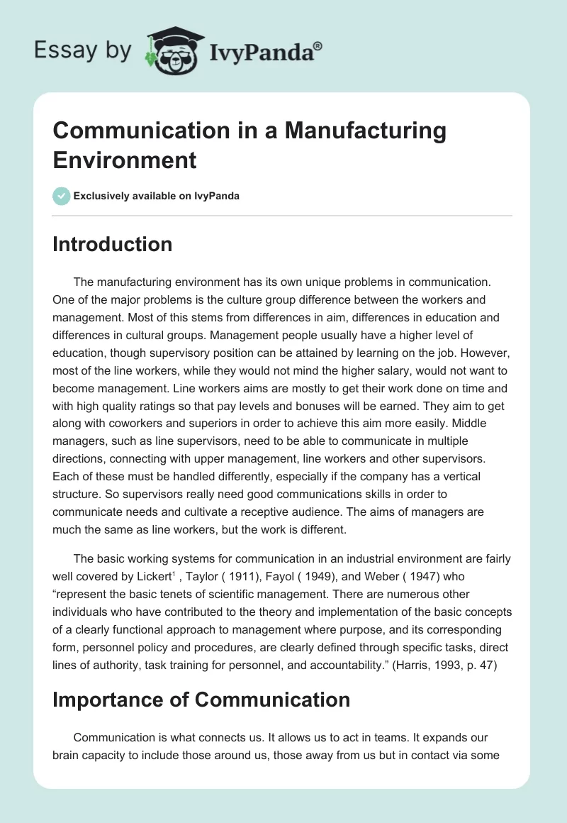 Communication in a Manufacturing Environment. Page 1