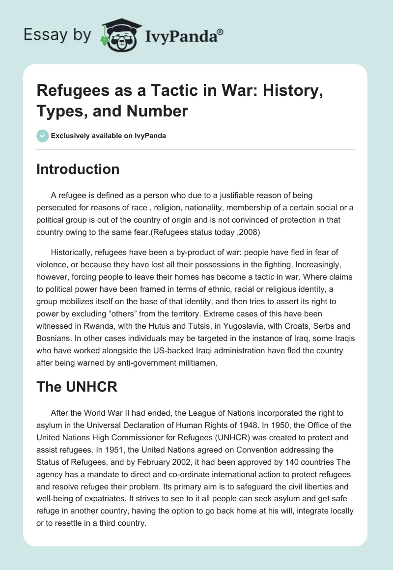 Refugees as a Tactic in War: History, Types, and Number. Page 1