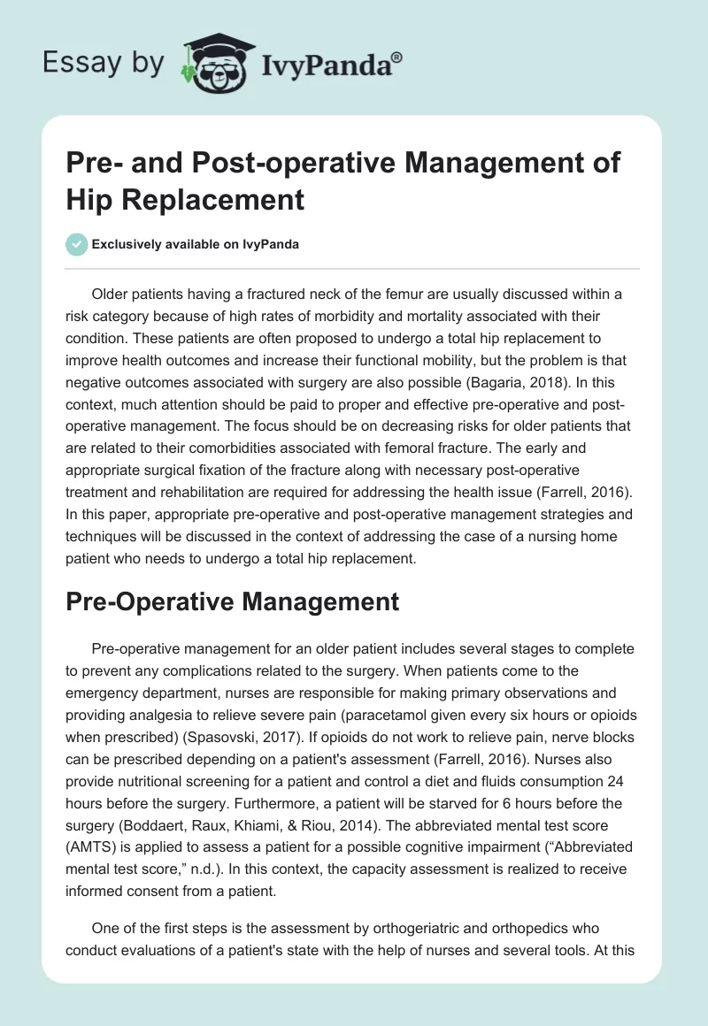 Pre- and Post-operative Management of Hip Replacement. Page 1