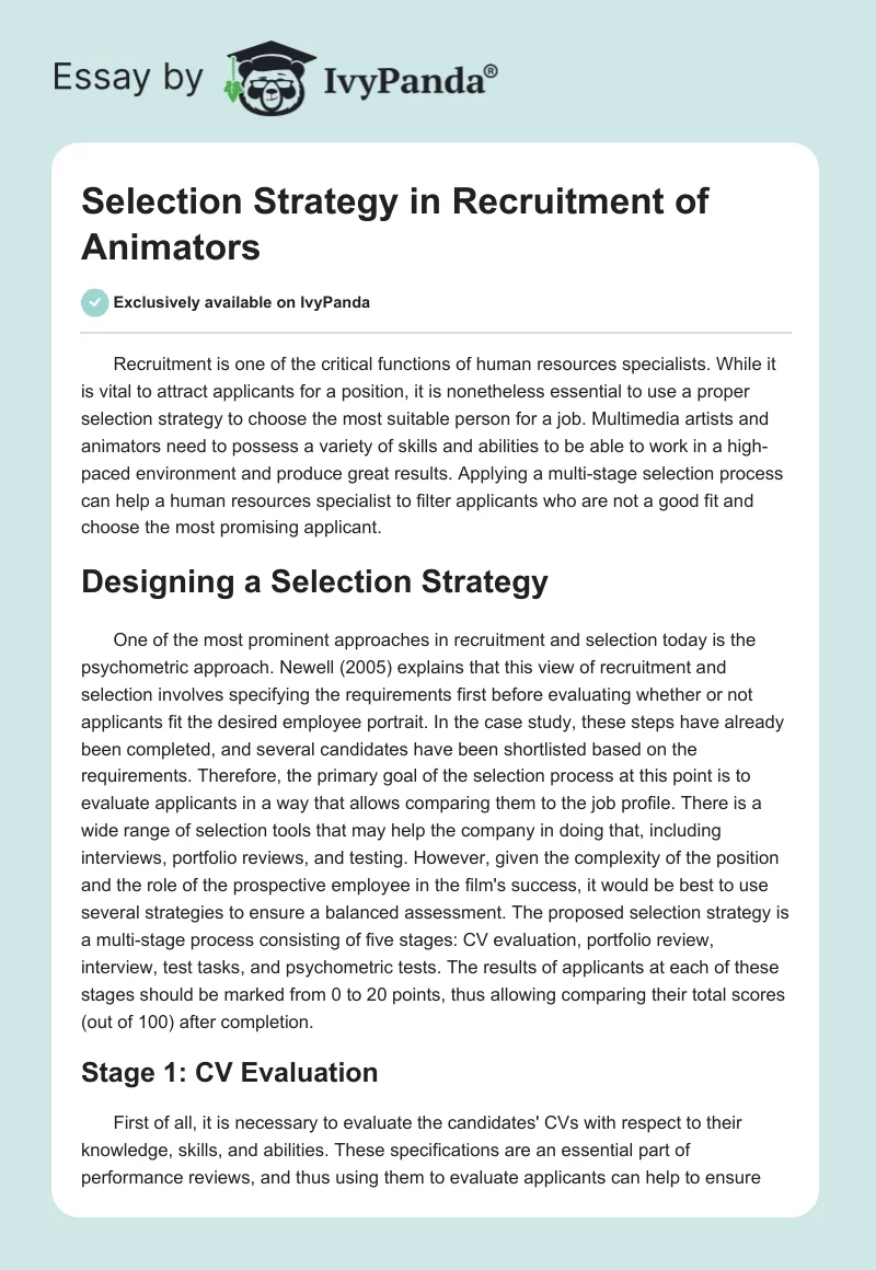 Selection Strategy in Recruitment of Animators. Page 1