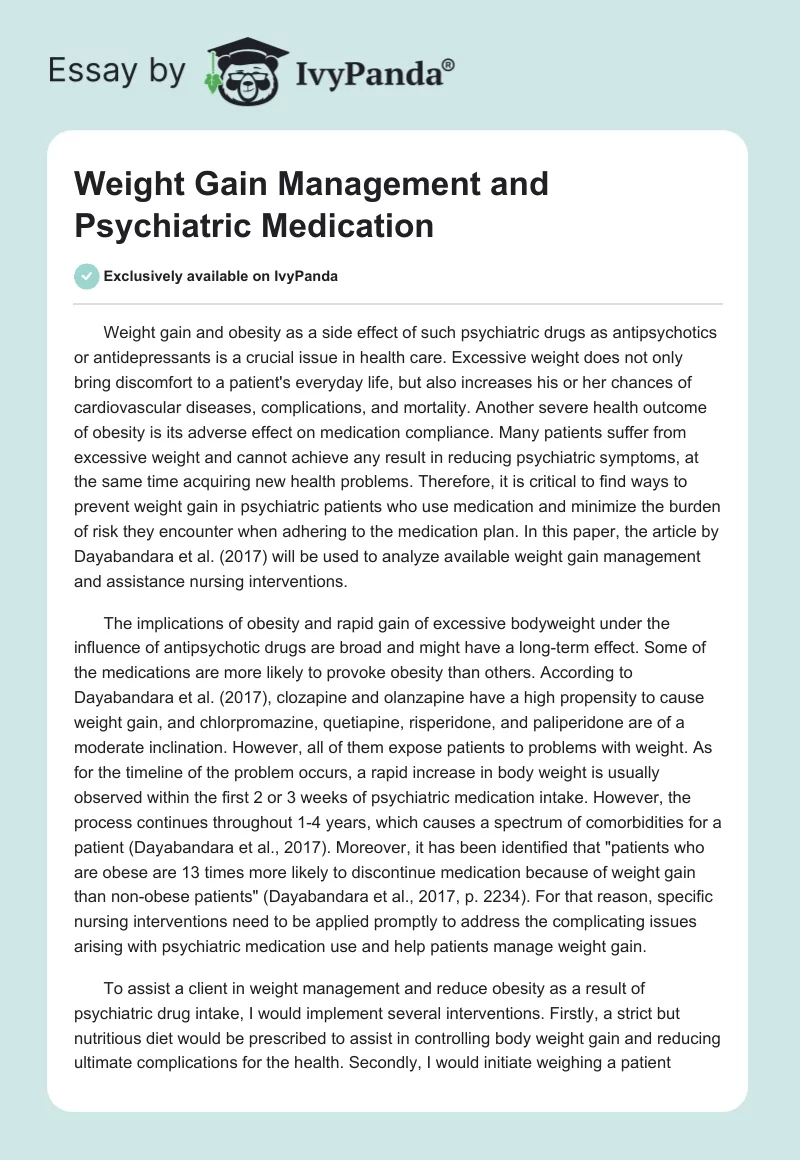 Weight Gain Management and Psychiatric Medication. Page 1