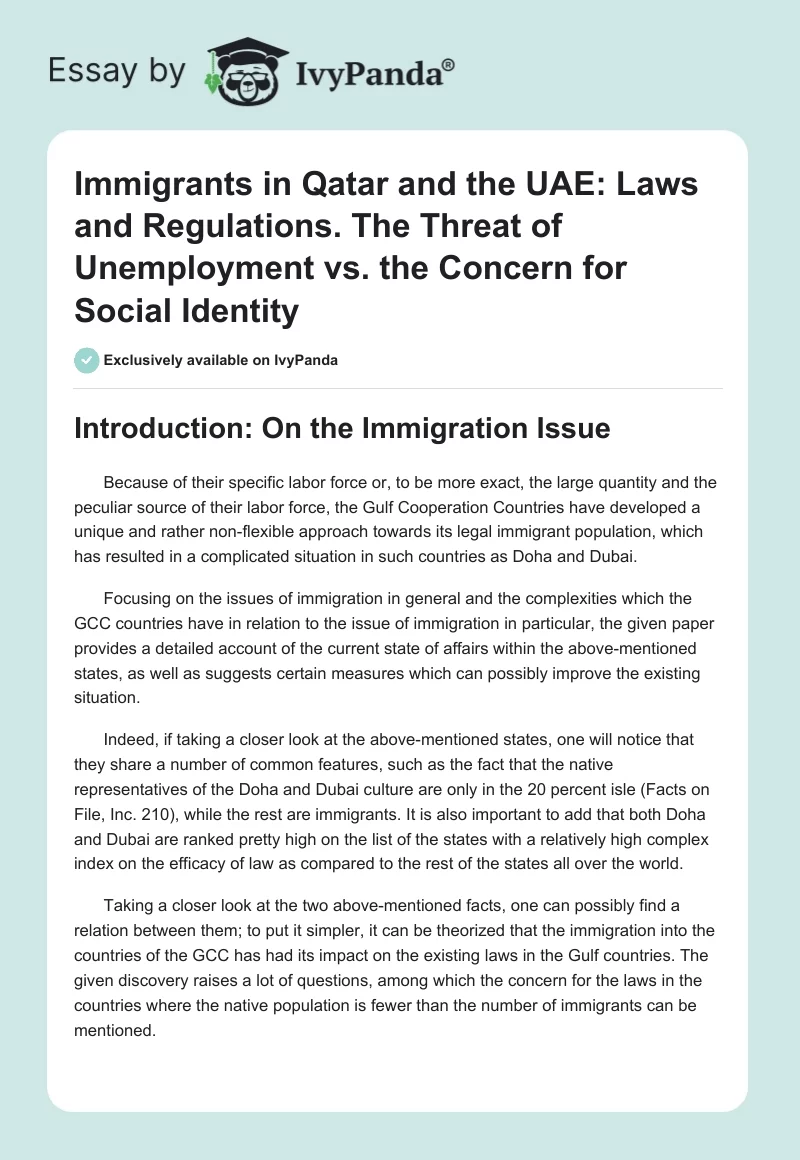 Immigrants in Qatar and the UAE: Laws and Regulations. The Threat of Unemployment vs. the Concern for Social Identity. Page 1