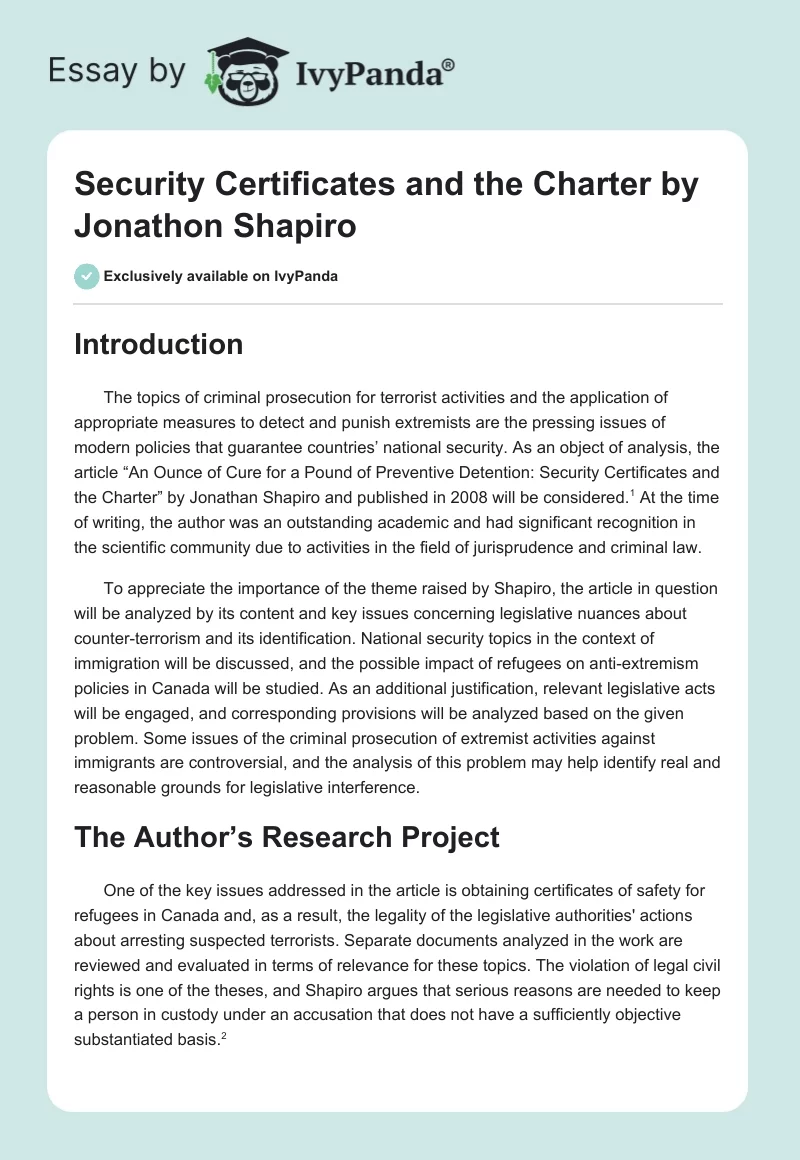 "Security Certificates and the Charter" by Jonathon Shapiro. Page 1