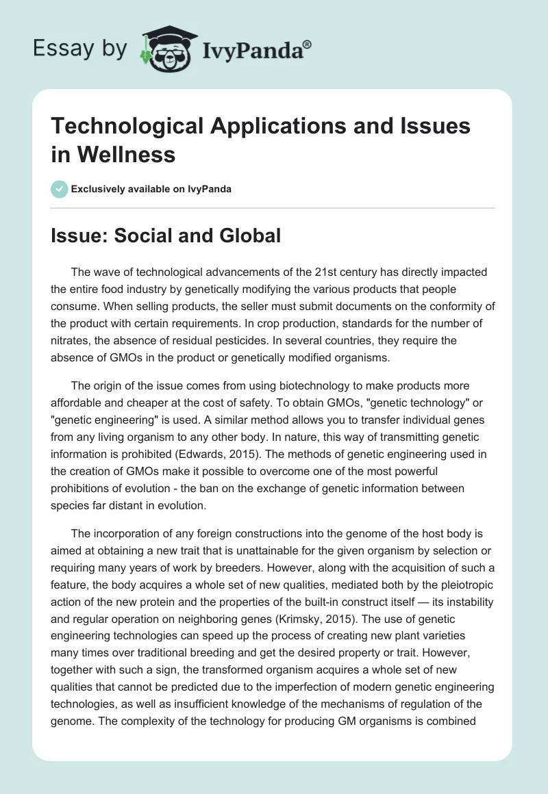 Technological Applications and Issues in Wellness. Page 1