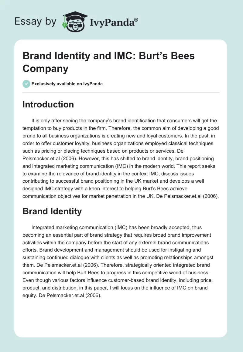 Brand Identity and IMC: Burt’s Bees Company. Page 1