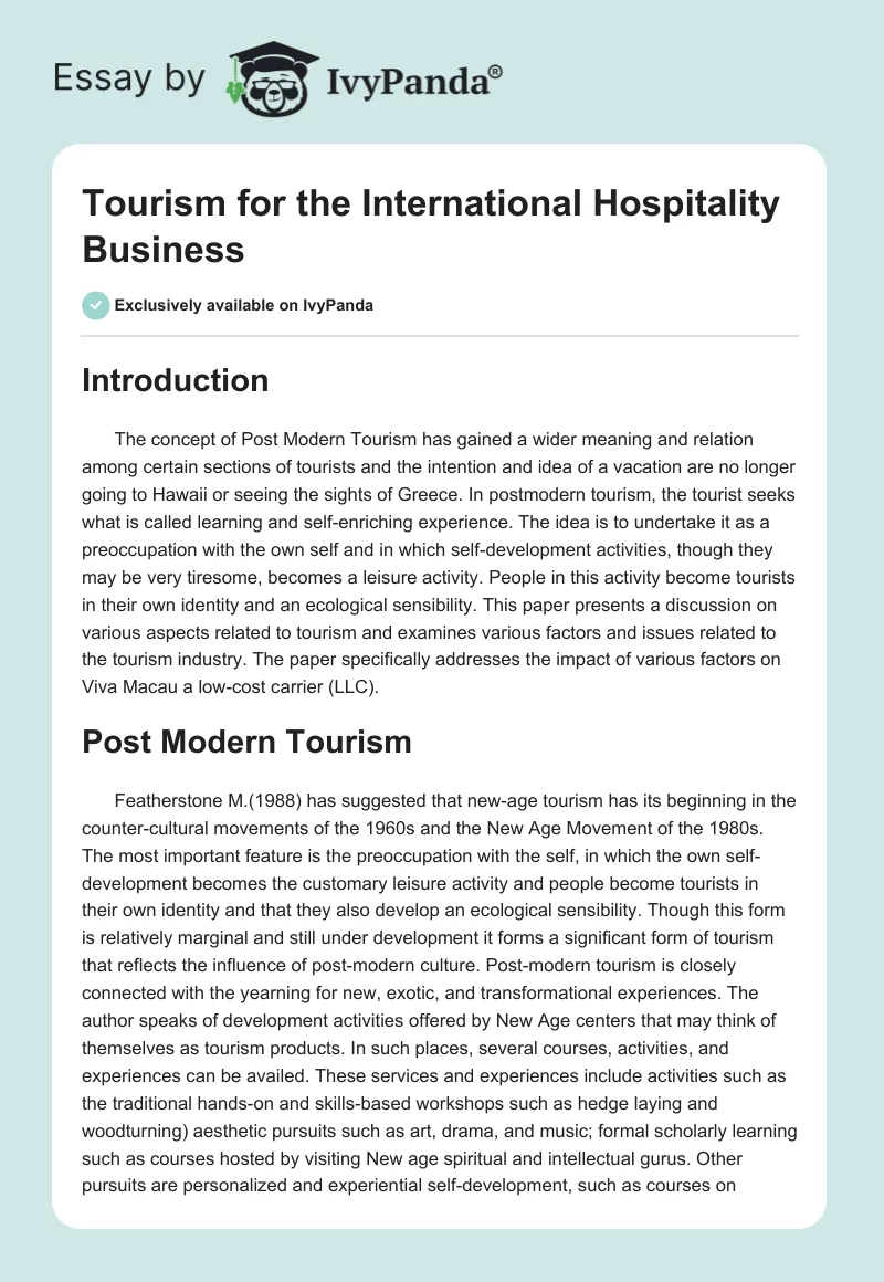 Tourism for the International Hospitality Business. Page 1