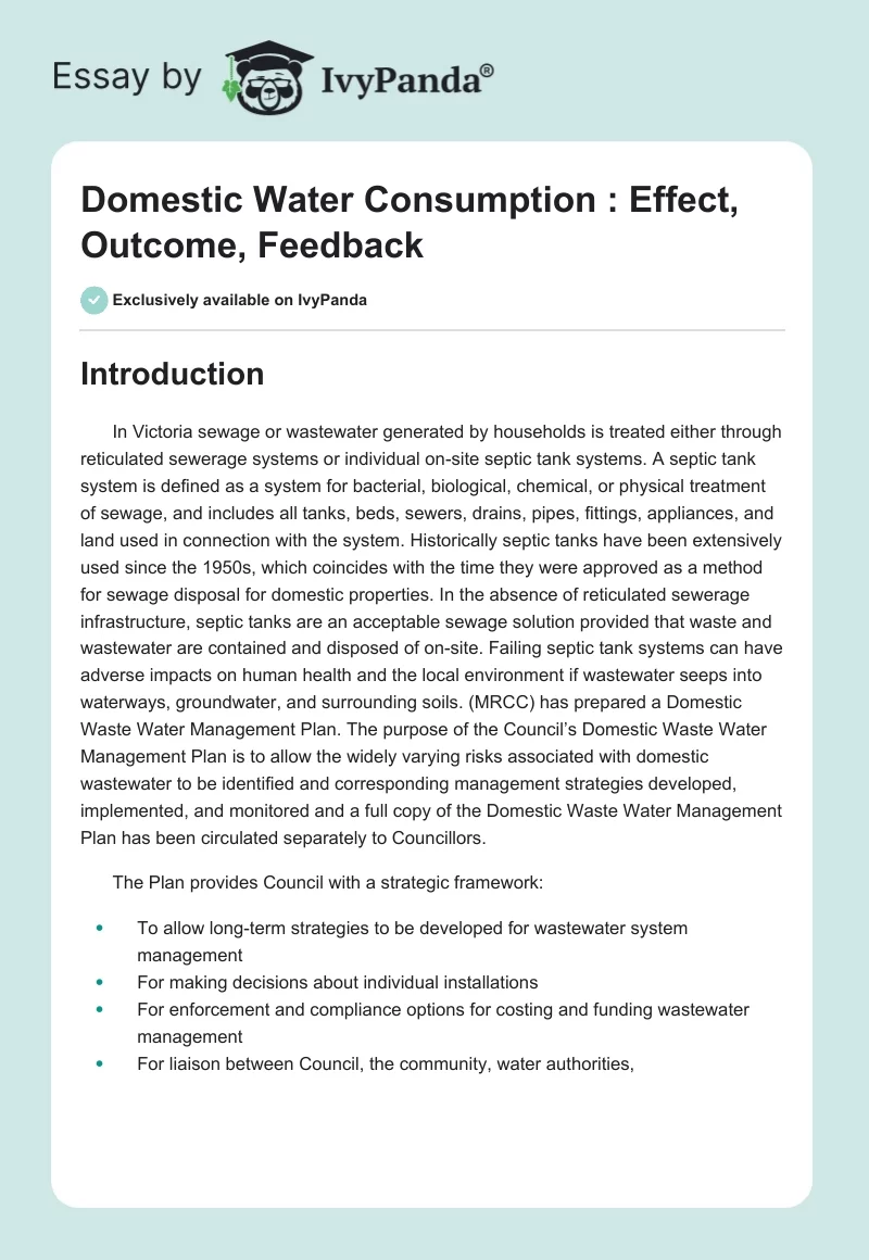 Domestic Water Consumption : Effect, Outcome, Feedback. Page 1
