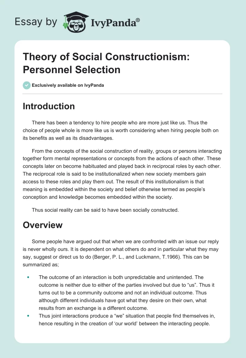 Theory of Social Constructionism: Personnel Selection. Page 1