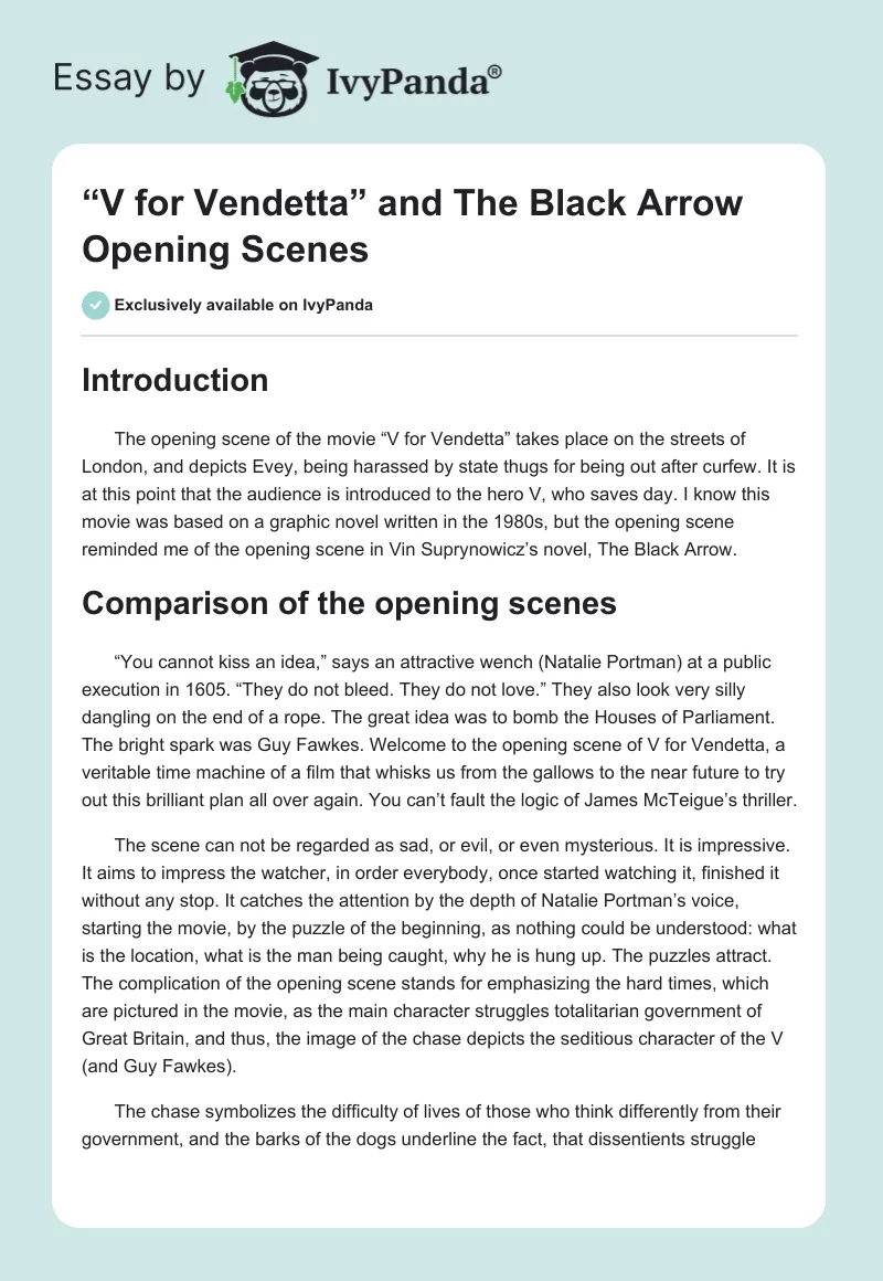 “V for Vendetta” and "The Black Arrow" Opening Scenes. Page 1
