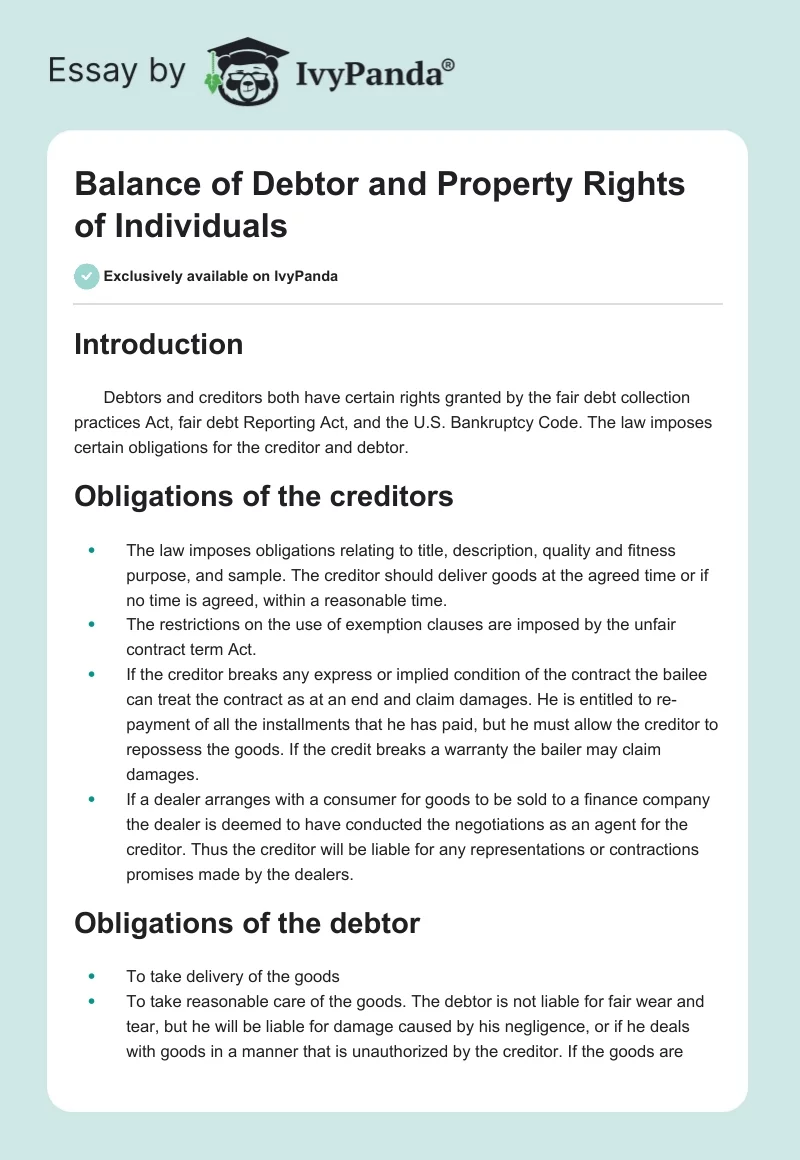 Balance of Debtor and Property Rights of Individuals. Page 1