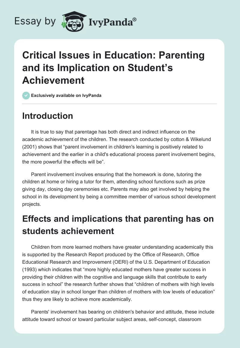 Critical Issues in Education: Parenting and Its Implication on Student’s Achievement. Page 1