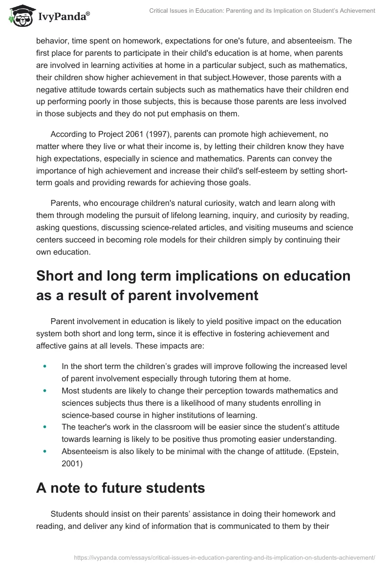 Critical Issues in Education: Parenting and Its Implication on Student’s Achievement. Page 2