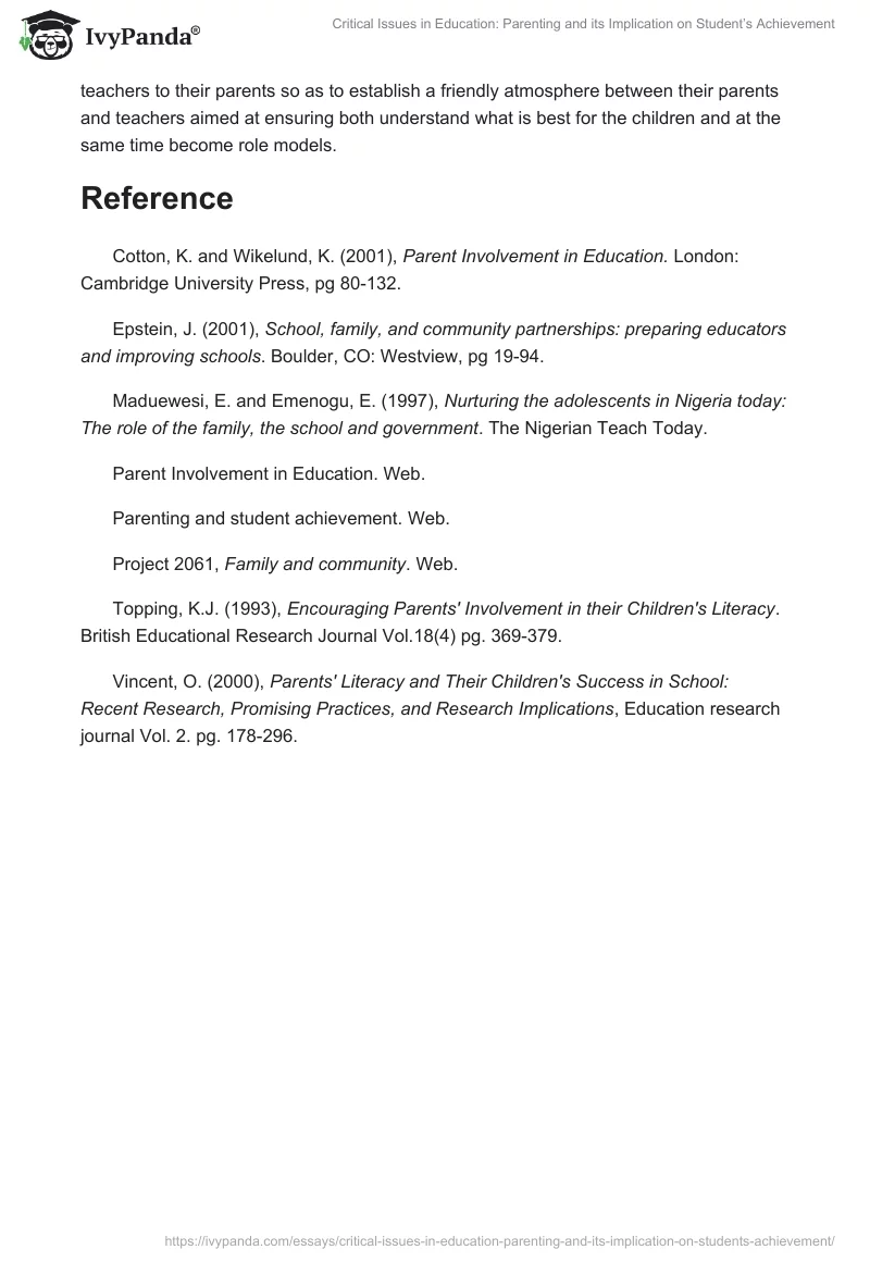 Critical Issues in Education: Parenting and Its Implication on Student’s Achievement. Page 3