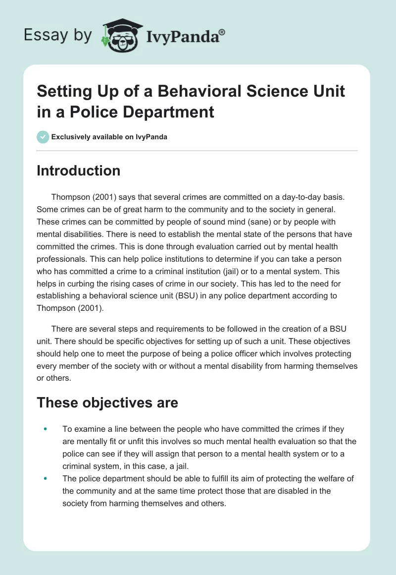 Setting Up of a Behavioral Science Unit in a Police Department. Page 1