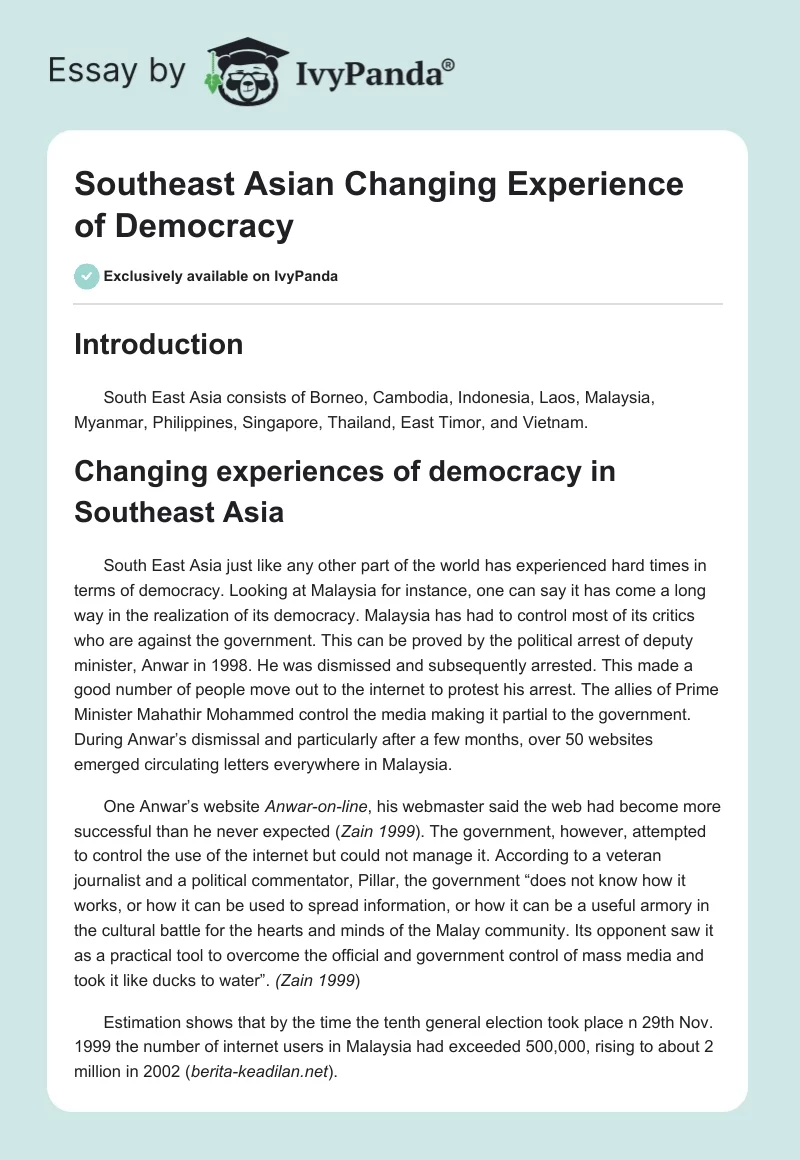 Southeast Asian Changing Experience of Democracy. Page 1